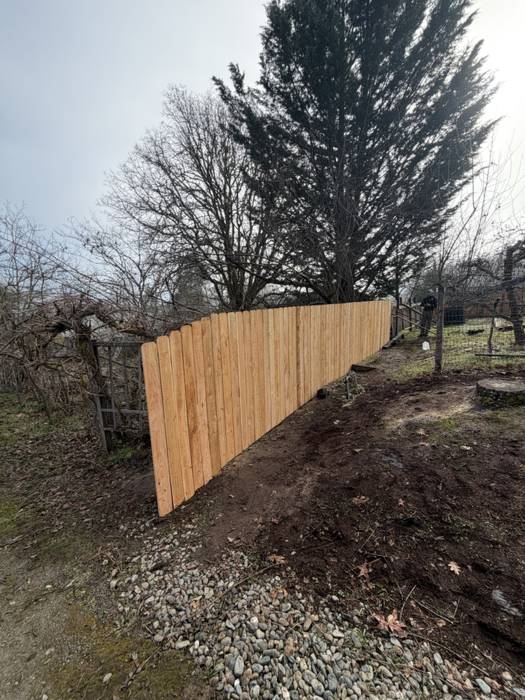 New cedar plank privacy fence installed along a sloped property line, with fresh soil backfill and a gravel drive, in Grants Pass, Oregon.
